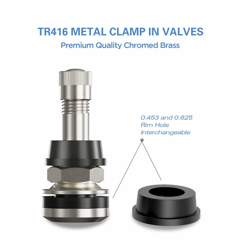 CKAuto صمامات معدنية CKAuto 25 قطعة TR416 تركيب خارجي تناسب فتحات الحافة .453" و .625" طول 1 1/2"، فضي - Image 3